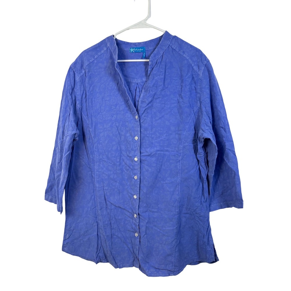 Fresh Produce Womens L Blue Floral Jacquard Button Front 3/4 Sleeve Shirt‎ USA
